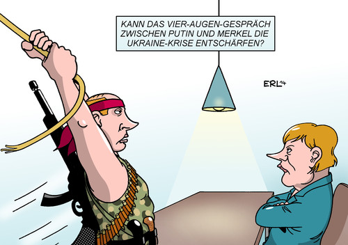 Cartoon: Putin Merkel (medium) by Erl tagged ukraine,krise,waffenstillstand,kämpfe,g20,gipfel,vier,augen,gespräch,putin,merkel,entspannung,entschärfen,waffe,waffen,kämpfer,karikatur,erl,ukraine,krise,waffenstillstand,kämpfe,g20,gipfel,vier,augen,gespräch,putin,merkel,entspannung,entschärfen,waffe,waffen,kämpfer