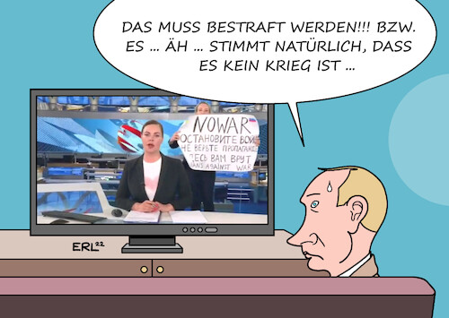 Cartoon: Putin verunsichert (medium) by Erl tagged politik,krieg,angriff,überfall,wladimir,putin,russland,ukraine,propaganda,spezialoperation,gesetz,bestrafung,wahrheit,fernsehen,nachrichten,protest,mitarbeiterin,mut,karikatur,erl,politik,krieg,angriff,überfall,wladimir,putin,russland,ukraine,propaganda,spezialoperation,gesetz,bestrafung,wahrheit,fernsehen,nachrichten,protest,mitarbeiterin,mut,karikatur,erl