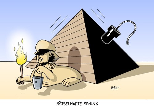 Cartoon: Rätselhafte Sphinx (medium) by Erl tagged fackel,wasser,feuer,militär,protest,unruhen,ägypten,eimer,anzünden,löschen,sphinx,rätsel,rätselhaft,regierung,mubarak,herrschaft,demokratie,revolution,funke,zündschnur,lunte,pyramide,explosiv,ägypten,unruhen,protest,demonstration,gewalt,umsturz,revolution,mubarak,diktatur,pyramide