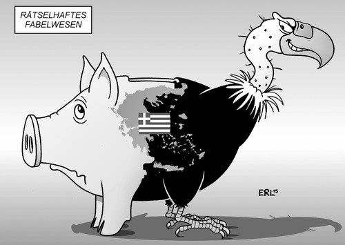 Cartoon: Rätselhaftes Fabelwesen (medium) by Erl tagged griechenland,schulden,euro,hilfspaket,kredit,armut,pleite,information,verwirrung,sparkurs,tsipras,varoufakis,regierung,links,rechts,sparschwein,pleitegeier,fabelwesen