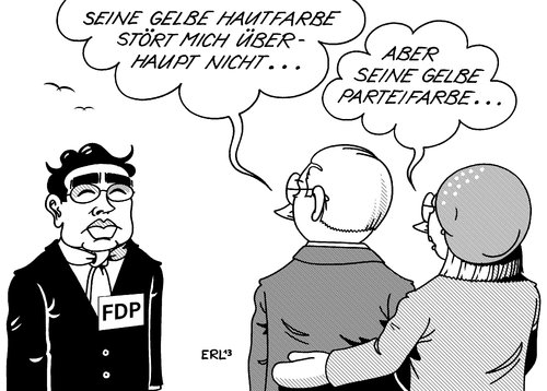 Cartoon: Rassismusdebatte (medium) by Erl tagged jörg,uwe,hahn,interview,gesellschaft,vizekanzler,asiatisch,toleranz,hautfarbe,gelb,partei,fdp,parteifarbe,umfragetief