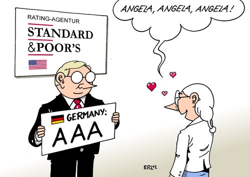 Cartoon: Rating (medium) by Erl tagged rating,ratingagentur,usa,standard,and,poors,deutschland,aaa,triple,bundeskanzlerin,angela,merkel,beliebtheit,beliebt,umfragewerte,eurokrise,euro,rating,ratingagentur,usa,deutschland,bundeskanzlerin,angela merkel,eurokrise,angela,merkelrating,merkel