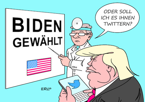 Cartoon: Realitätstest (medium) by Erl tagged politik,usa,wahl,präsidentschaft,sieger,joe,biden,demokraten,republikaner,verlierer,präsident,donald,trump,verschwörungstheorie,wahlbetrug,twitter,verleugnung,realität,trotz,kindlich,sehtest,augenarzt,smartphone,karikatur,erl,politik,usa,wahl,präsidentschaft,sieger,joe,biden,demokraten,republikaner,verlierer,präsident,donald,trump,verschwörungstheorie,wahlbetrug,twitter,verleugnung,realität,trotz,kindlich,sehtest,augenarzt,smartphone,karikatur,erl