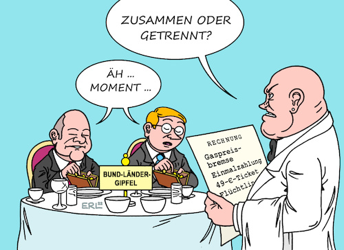 Cartoon: Rechnung (medium) by Erl tagged politik,krieg,russland,ukraine,energie,gas,knappheit,verteuerung,inflation,bundesregierung,ampel,spd,grüne,fdp,entlastung,gaspreisbremse,einmalzahlung,49,euro,ticket,öffentlicher,nahverkehr,bund,länder,gipfel,finanzierung,geld,unterbringung,flüchtlinge,rechnung,bezahlen,zusammen,getrennt,ober,bundeskanzler,olaf,scholz,karikatur,erl,politik,krieg,russland,ukraine,energie,gas,knappheit,verteuerung,inflation,bundesregierung,ampel,spd,grüne,fdp,entlastung,gaspreisbremse,einmalzahlung,49,euro,ticket,öffentlicher,nahverkehr,bund,länder,gipfel,finanzierung,geld,unterbringung,flüchtlinge,rechnung,bezahlen,zusammen,getrennt,ober,bundeskanzler,olaf,scholz,karikatur,erl