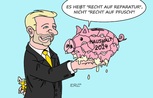 Cartoon: Recht auf Reparatur (medium) by Erl tagged politik,bundesregierung,ampel,bundestag,beschluss,haushalt,2024,finanzminister,christian,lindner,fdp,schuldenbremse,sparkurs,sparschwein,pfusch,recht,auf,reparatur,eu,einigung,karikatur,erl,politik,bundesregierung,ampel,bundestag,beschluss,haushalt,2024,finanzminister,christian,lindner,fdp,schuldenbremse,sparkurs,sparschwein,pfusch,recht,auf,reparatur,eu,einigung,karikatur,erl