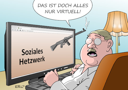 Cartoon: Rechte Gewalt (medium) by Erl tagged politik,gesellschaft,rechtsextremismus,terrorismus,rechtsterrorismus,soziale,medien,netzwerke,hetze,gewalt,mord,walter,lübcke,real,virtuell,karikatur,erl,politik,gesellschaft,rechtsextremismus,terrorismus,rechtsterrorismus,soziale,medien,netzwerke,hetze,gewalt,mord,walter,lübcke,real,virtuell,karikatur,erl