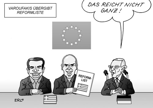 Cartoon: Reformliste (medium) by Erl tagged griechenland,krise,schulden,euro,kredit,hilfe,verlängerung,bedingung,reformen,sparkurs,regierung,tsipras,varoufakis,wahlversprechen,reformliste,reformlist,schäuble,eu,ezb,iwf,troika,geld,finanzen