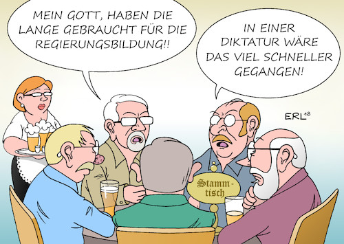 Cartoon: Regierungsbildung (medium) by Erl tagged politik,bundestagswahl,wahl,bundestag,regierung,regierungsbildung,sondierung,jamaika,aus,fdp,bündnis,90,die,grünen,neuauflage,große,koalition,groko,cdu,csu,spd,mitgliederentscheid,dauer,lange,stammtisch,aufregung,demokratie,diskussion,entscheidung,richtung,streit,diktatur,schnell,einfach,rechtspopulismus,karikatur,erl,politik,bundestagswahl,wahl,bundestag,regierung,regierungsbildung,sondierung,jamaika,aus,fdp,bündnis,90,die,grünen,neuauflage,große,koalition,groko,cdu,csu,spd,mitgliederentscheid,dauer,lange,stammtisch,aufregung,demokratie,diskussion,entscheidung,richtung,streit,diktatur,schnell,einfach,rechtspopulismus,karikatur,erl