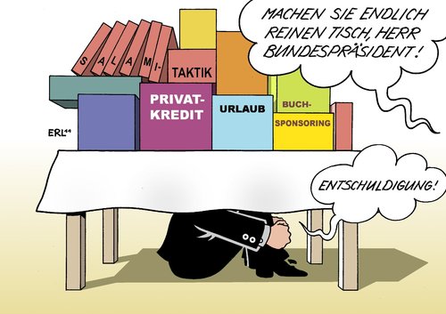 Cartoon: reinen Tisch (medium) by Erl tagged bundespräsident,christian,wulff,kredit,privat,geld,freund,unternehmer,nähe,vorteil,einfluss,amt,schaden,glaubwürdigkeit,weihnachten,ansprache,weihnachtsansprache,salamitaktik,fernsehen,entschuldigung,bundespräsident,wulff,kredit,privat,freund,unternehmer