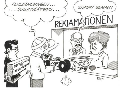 Cartoon: Reklamationen (medium) by Erl tagged reklamation,geschenk,schwarz,gelb,cdu,csu,fdp,fehlstart,fehlzündung,schlingerkurs,afghanistan,demokratie,guttenberg,angela merkel,lammert,kritik,angela,merkel