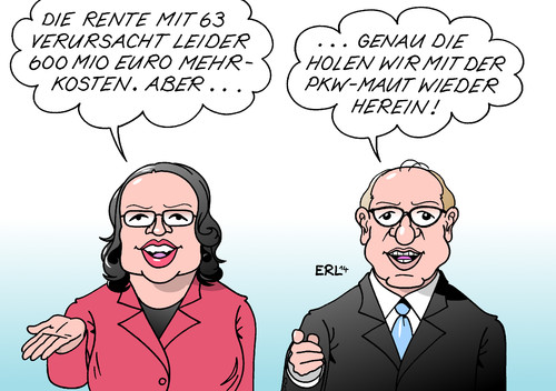 Cartoon: Rente mit 63 (medium) by Erl tagged rente,63,arbeitsministerin,nahles,kosten,höher,600,millionen,euro,verkehrsminister,dobrindt,pkw,maut,ausländer,regierung,schwarz,rot,cdu,csu,spd,karikatur,erl,rente,63,arbeitsministerin,nahles,kosten,höher,600,millionen,euro,verkehrsminister,dobrindt,pkw,maut,ausländer,regierung,schwarz,rot,cdu,csu,spd