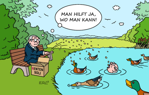 Cartoon: Renten-Soli (medium) by Erl tagged politik,alter,altersarmut,rente,vorschlag,rentensoli,beitrag,reiche,unterstützung,arme,rentner,rentnerin,ente,karikatur,erl,politik,alter,altersarmut,rente,vorschlag,rentensoli,beitrag,reiche,unterstützung,arme,rentner,rentnerin,ente,karikatur,erl
