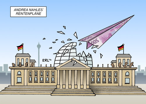 Cartoon: Rentenpläne (medium) by Erl tagged andrea,nahles,arbeitsministerin,rente,plan,pläne,finanzierung,teuer,milliarden,bundestag,reichstag,kuppel,geld,geldschein,papierflieger,karikatur,erl,andrea,nahles,arbeitsministerin,rente,plan,pläne,finanzierung,teuer,milliarden,bundestag,reichstag,kuppel,geld,geldschein,papierflieger