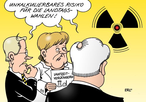 Cartoon: Risiko (medium) by Erl tagged atomenergie,ausstieg,rücknahme,laufzeitverlängerung,atomkraftwerk,brücke,brückentechnologie,risiko,landtagswahl,landtagswahlen,schwarz,gelb,cdu,csu,fdp,merkel,westerwelle,seehofer,japan,erdbeben,tsunami,atomunfall,kernschmelze,gau,supergau,radioaktivität,tschernobyl,atomenergie,ausstieg,rücknahme,laufzeitverlängerung,atomkraftwerk,brücke,brückentechnologie,risiko,landtagswahl,landtagswahlen,wahl,wahlen,akw,tsunami,erdbeben,japan,fukushima