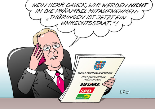 Cartoon: Rot-Rot-Grün (medium) by Erl tagged thüringen,regierung,regierungsbildung,koalition,rotrotgrün,linke,spd,grüne,koalitionsvertrag,präambel,ddr,unrechtsstaat,kritik,gauck,ministerpräsident,in,spe,bodo,ramelow,karikatur,erl,rot,thüringen,regierung,regierungsbildung,koalition,rotrotgrün,linke,spd,grüne,koalitionsvertrag,präambel,ddr,unrechtsstaat,kritik,gauck,ministerpräsident,in,spe,bodo,ramelow