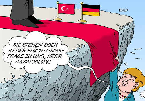 Cartoon: Roter Teppich für die Türkei (medium) by Erl tagged flüchtlinge,syrien,türkei,eu,deutschland,bundeskanzlerin,angela,merkel,bedrängnis,kritik,abgrund,strohhalm,suche,lösung,besuch,ministerpräsident,ahmet,davutoglu,regierung,geld,unterstützung,beitritt,menschenrechte,kurden,karikatur,erl,flüchtlinge,syrien,türkei,eu,deutschland,bundeskanzlerin,angela,merkel,bedrängnis,kritik,abgrund,strohhalm,suche,lösung,besuch,ministerpräsident,ahmet,davutoglu,regierung,geld,unterstützung,beitritt,menschenrechte,kurden,karikatur,erl