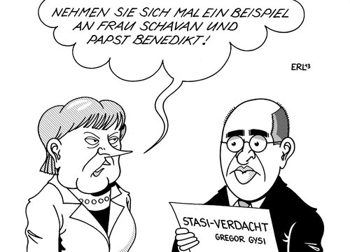 Cartoon: Rücktritt (medium) by Erl tagged rücktritt,papst,benedikt,sechzehnte,xvi,gesundheit,bildungsministerin,schavan,doktor,doktorarbeit,plagiat,gregor,gysi,verdacht,stasi,stasispitzel,merkel,beispiel