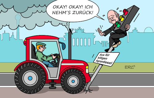 Cartoon: Rückzug (medium) by Erl tagged politik,bundesregierung,ampel,spd,grüne,fdp,haushalt,umgehung,schuldenbremse,klage,cdu,karlsruhe,urteil,milliardenloch,sparen,kürzen,streichen,subventionen,agrardiesel,landwirtschaft,bauern,proteste,berlin,traktor,rücknahme,rückzug,bundeskanzler,olaf,scholz,karikatur,erl,politik,bundesregierung,ampel,spd,grüne,fdp,haushalt,umgehung,schuldenbremse,klage,cdu,karlsruhe,urteil,milliardenloch,sparen,kürzen,streichen,subventionen,agrardiesel,landwirtschaft,bauern,proteste,berlin,traktor,rücknahme,rückzug,bundeskanzler,olaf,scholz,karikatur,erl