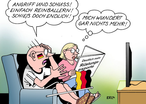 Cartoon: Rüstungsexporte (medium) by Erl tagged fußball,wm,weltmeisterschaft,fußballweltmeisterschaft,brasilien,2014,begeisterung,fan,trainer,angriff,schuss,ballern,rüstung,waffen,rüstungsexport,deutschland,steigerung,fußball,wm,weltmeisterschaft,fußballweltmeisterschaft,brasilien,2014,begeisterung,fan,trainer,angriff,schuss,ballern,rüstung,waffen,rüstungsexport,deutschland,steigerung