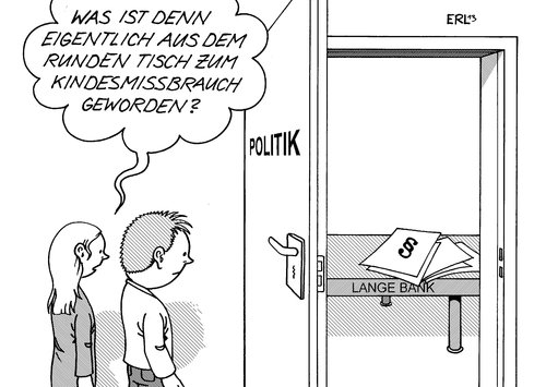 Cartoon: Runder Tisch (medium) by Erl tagged runder,tisch,kindesmissbrauch,sexuell,kriminalität,kind,kinder,politik,verbände,worte,taten,handeln,aufschieben,lange,bank