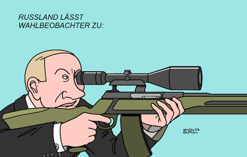 Cartoon: Russland lässt Wahlbeobachter zu (medium) by Erl tagged politik,russland,wahl,präsident,diktator,wladimir,putin,opposition,manipulation,wahlfälschung,ergebnis,feststehen,wahlbeobachter,zielfernrohr,gewehr,bedrohung,wähler,einschüchterung,karikatur,erl,politik,russland,wahl,präsident,diktator,wladimir,putin,opposition,manipulation,wahlfälschung,ergebnis,feststehen,wahlbeobachter,zielfernrohr,gewehr,bedrohung,wähler,einschüchterung,karikatur,erl