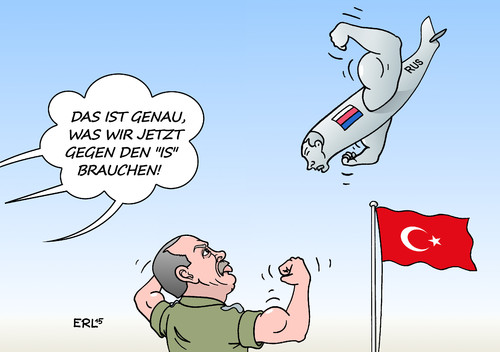 Cartoon: Russland Türkei (medium) by Erl tagged türkei,abschuss,flugzeug,kampfjet,russland,luftraum,beschuldigung,drohgebärden,schwächung,strategie,kampf,gegn,is,islamischer,staat,präsident,erdogan,putin,karikatur,erl,türkei,abschuss,flugzeug,kampfjet,russland,luftraum,beschuldigung,drohgebärden,schwächung,strategie,kampf,gegn,is,islamischer,staat,präsident,erdogan,putin,karikatur,erl