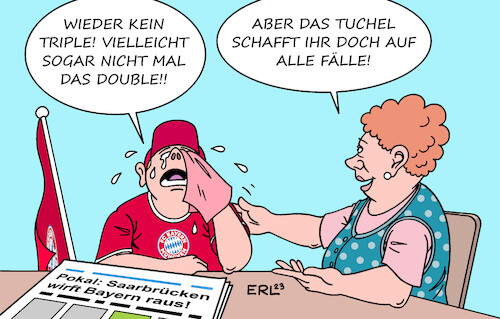 Cartoon: Saarbrücken wirft Bayern raus (medium) by Erl tagged politik,sport,fußball,dfb,pokal,sensation,fc,saarbrücken,sieg,bayern,münchen,triple,double,trainer,thomas,tuchel,titel,meisterschaft,karikatur,erl,politik,sport,fußball,dfb,pokal,sensation,fc,saarbrücken,sieg,bayern,münchen,triple,double,trainer,thomas,tuchel,titel,meisterschaft,karikatur,erl