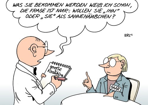 Cartoon: Saarland (medium) by Erl tagged landtagswahl,landtag,wahl,saarland,maas,heiko,karrenbauer,kramp,annegret,spd,cdu,koalition,große,bestellung,ober,frage,sie,er,ministerpräsident,ministerpräsidentin,saarland,wahl,landtag,landtagswahl,koalition