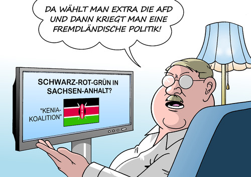 Cartoon: Sachsen-Anhalt (medium) by Erl tagged landtagswahl,baden,württemberg,rheinland,pfalz,sachsen,anhalt,einzug,afd,regierungsbildung,koalition,schwierig,kenia,schwarz,rot,grün,kiwi,rechtspopulismus,fremdenfeindlichkeit,wähler,karikatur,erl,landtagswahl,baden,württemberg,rheinland,pfalz,sachsen,anhalt,einzug,afd,regierungsbildung,koalition,schwierig,kenia,schwarz,rot,grün,kiwi,rechtspopulismus,fremdenfeindlichkeit,wähler,karikatur,erl