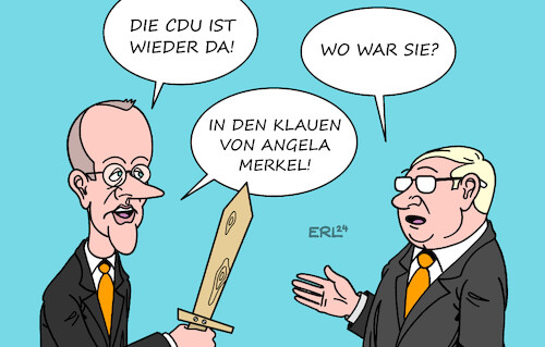 Cartoon: Sagenhaft (medium) by Erl tagged politik,partei,cdu,parteitag,rede,vorsitzender,friedrich,merz,wieder,da,befreiung,angela,merkel,profil,werte,konservativ,karikatur,erl,politik,partei,cdu,parteitag,rede,vorsitzender,friedrich,merz,wieder,da,befreiung,angela,merkel,profil,werte,konservativ,karikatur,erl