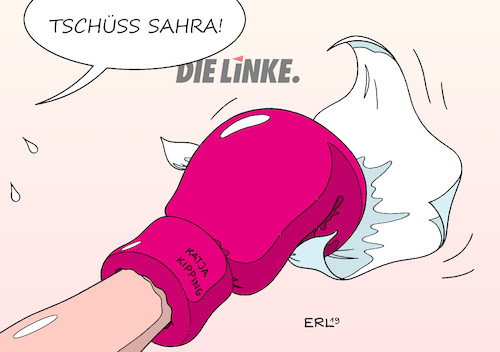 Cartoon: Sahra Wagenknecht (medium) by Erl tagged politik,partei,die,linke,fraktion,fraktionsvorsitzende,sahra,wagenknecht,rückzug,gesundheit,burnout,machtkampf,parteivorsitzende,katja,kipping,knockout,boxkampf,boxen,boxhandschuh,taschentuch,abschied,winken,karikatur,erl,politik,partei,die,linke,fraktion,fraktionsvorsitzende,sahra,wagenknecht,rückzug,gesundheit,burnout,machtkampf,parteivorsitzende,katja,kipping,knockout,boxkampf,boxen,boxhandschuh,taschentuch,abschied,winken,karikatur,erl