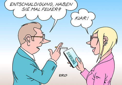 Cartoon: Samsung (medium) by Erl tagged samsung,galaxy,note,handy,smartphone,akku,feuer,brand,gefahr,zigarette,karikatur,erl,samsung,galaxy,note,handy,smartphone,akku,feuer,brand,gefahr,zigarette,karikatur,erl