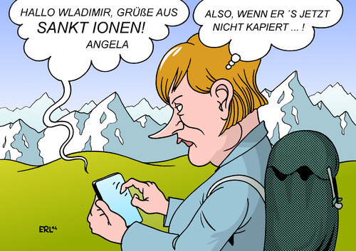 Cartoon: Sanktionen (medium) by Erl tagged bundeskanzlerin,angela,merkel,urlaub,wandern,berge,ukraine,krieg,krise,russland,präsident,putin,usa,eu,sanktionen,bundeskanzlerin,angela,merkel,urlaub,wandern,berge,ukraine,krieg,krise,russland,präsident,putin,usa,eu,sanktionen