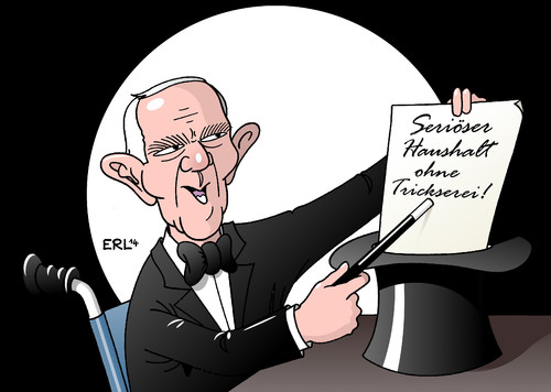 Cartoon: Schäuble Haushalt (medium) by Erl tagged bundestag,debatte,haushalt,finanzminister,wolfgang,schäuble,seriös,solide,trickserei,trick,zaubertrick,zauberstab,zylinder,neuverschuldung,schuldenbremse,konjunktur,bundestag,debatte,haushalt,finanzminister,wolfgang,schäuble,seriös,solide,trickserei,trick,zaubertrick,zauberstab,zylinder,neuverschuldung,schuldenbremse,konjunktur