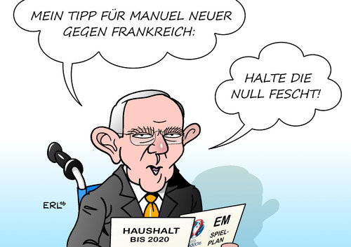 Cartoon: Schäubles Tipp (medium) by Erl tagged haushalt,2017,2020,schwarze,null,neuverschuldung,finanzminister,wolfgang,schäuble,tipp,fußball,em,2016,europameisterschaft,halbfinale,deutschland,frankreich,torhüter,torwart,manuel,neuer,karikatuir,erl,haushalt,2017,2020,schwarze,null,neuverschuldung,finanzminister,wolfgang,schäuble,tipp,fußball,em,2016,europameisterschaft,halbfinale,deutschland,frankreich,torhüter,torwart,manuel,neuer,karikatuir,erl