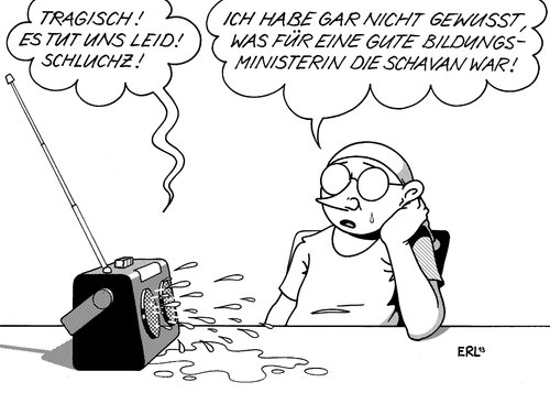 Cartoon: Schavan (medium) by Erl tagged bundesbildungsministerin,bildungsministerin,annette,schavan,doktor,doktortitel,doktorarbeit,plagiat,uni,universität,düsseldorf,aberkennung,klage,rücktritt,tragisch,tränen