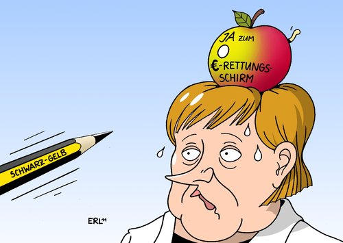 Cartoon: Schicksalstag (medium) by Erl tagged euro,krise,schulden,griechenland,rettungsschirm,abstimmung,bundestag,regierung,koalition,schwarz,gelb,cdu,csu,fdp,mehrheit,kanzlermehrheit,wackelig,zitterpartie,schuss,wilhelm,tell,apfel,bundeskanzlerin,angela,merkel,schicksalstag,euro,schulden,krise,griechenland,rettungsschirm,abstimmung,bundestag,regierung,koalition,schwarz,gelb,csu