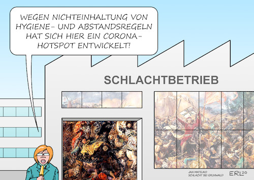 Cartoon: Schlachtbetrieb (medium) by Erl tagged politik,corona,virus,pandemie,ansteckung,hotspot,schlachtbetrieb,schlachthof,fleisch,fleischindustrie,arbeiter,lohndumping,unterkünfte,menschenunwürdig,abstand,hygiene,schlacht,krieg,gemälde,karikatur,erl,politik,corona,virus,pandemie,ansteckung,hotspot,schlachtbetrieb,schlachthof,fleisch,fleischindustrie,arbeiter,lohndumping,unterkünfte,menschenunwürdig,abstand,hygiene,schlacht,krieg,gemälde,karikatur,erl