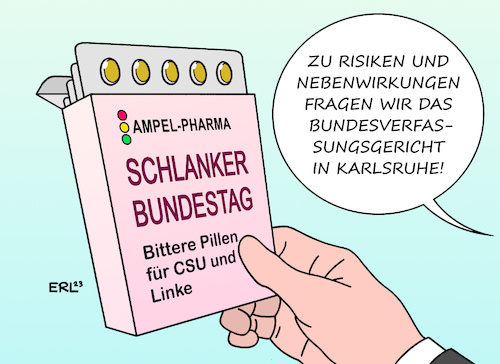 Cartoon: Schlankheitspillen (medium) by Erl tagged politik,regierung,koalition,ampel,spd,grüne,fdp,bundestag,verabschiedung,wahlrecht,wahlrechtsreform,verkleinerung,nachteil,csu,linke,direktmandate,klage,karlsruhe,bundesverfassungsgericht,schlankheitspillen,bittere,pillen,risiken,nebenwirkungen,karikatur,erl,politik,regierung,koalition,ampel,spd,grüne,fdp,bundestag,verabschiedung,wahlrecht,wahlrechtsreform,verkleinerung,nachteil,csu,linke,direktmandate,klage,karlsruhe,bundesverfassungsgericht,schlankheitspillen,bittere,pillen,risiken,nebenwirkungen,karikatur,erl