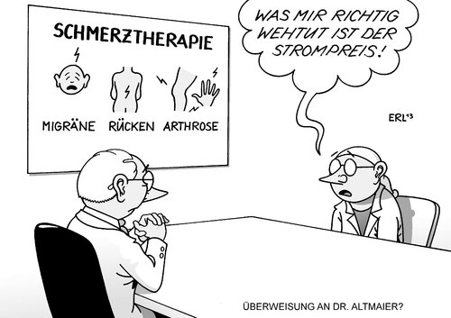 Cartoon: Schmerzen (medium) by Erl tagged schmerzen,schmerztherapie,migräne,rücken,arthrose,strompreis,energiewende,strompreisbremse,umweltminister,peter,altmaier,praxis,arzt,therapeut,patient,verbraucher