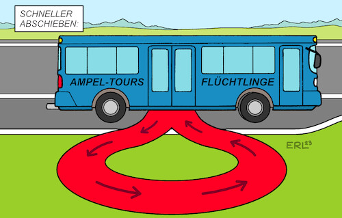 Cartoon: Schneller abschieben (medium) by Erl tagged politik,bundersregierung,ampel,druck,union,cdu,csu,afd,migration,flüchtlinge,abschiebung,abschieben,schneller,bus,roter,teppich,schleife,ausstieg,einstieg,karikatur,erl,politik,bundersregierung,ampel,druck,union,cdu,csu,afd,migration,flüchtlinge,abschiebung,abschieben,schneller,bus,roter,teppich,schleife,ausstieg,einstieg,karikatur,erl