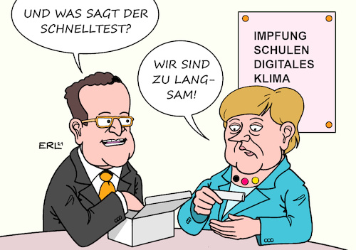 Cartoon: Schnelltest (medium) by Erl tagged politik,corona,virus,pandemie,covid19,lockdown,schulen,kinder,bildung,impfung,impstoff,einkauf,kauf,schnelltest,gesundheitsminister,jens,spahn,bundeskanzlerin,angela,merkel,langsamkeit,klimapolitik,klima,klimawandel,karikatur,erl,politik,corona,virus,pandemie,covid19,lockdown,schulen,kinder,bildung,impfung,impstoff,einkauf,kauf,schnelltest,gesundheitsminister,jens,spahn,bundeskanzlerin,angela,merkel,langsamkeit,klimapolitik,klima,klimawandel,karikatur,erl