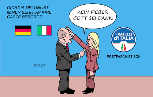 Cartoon: Scholz bei Meloni (medium) by Erl tagged politik,bundeskanzler,olaf,scholz,besuch,italien,ministerpräsidentin,giorgia,meloni,fratelli,italia,postfaschistisch,rechtsextrem,anschein,zuverlässigkeit,rom,faschismus,mussolini,römischer,gruß,hitlergruß,karikatur,erl,politik,bundeskanzler,olaf,scholz,besuch,italien,ministerpräsidentin,giorgia,meloni,fratelli,italia,postfaschistisch,rechtsextrem,anschein,zuverlässigkeit,rom,faschismus,mussolini,römischer,gruß,hitlergruß,karikatur,erl