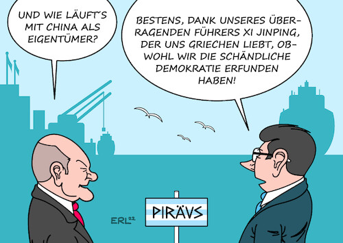 Cartoon: Scholz in Griechenland (medium) by Erl tagged politik,wirtschaft,hamburg,terminal,beteiligung,china,staatskonzern,cosco,weltmacht,streben,xi,jinping,diktatur,eigentümer,hafen,piräus,griechenland,erfinder,demokratie,besuch,bundeskanzler,olaf,scholz,karikatur,erl,politik,wirtschaft,hamburg,terminal,beteiligung,china,staatskonzern,cosco,weltmacht,streben,xi,jinping,diktatur,eigentümer,hafen,piräus,griechenland,erfinder,demokratie,besuch,bundeskanzler,olaf,scholz,karikatur,erl