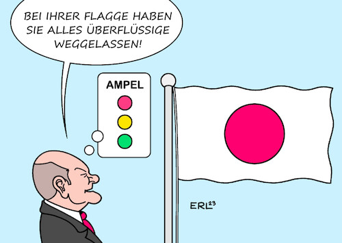 Cartoon: Scholz in Japan (medium) by Erl tagged politik,bundeskanzler,olaf,scholz,reise,japan,flagge,aufgehende,sonne,rot,gelb,grün,ampel,bundesregierung,streit,meinungsverschiedenheiten,karikatur,erl,politik,bundeskanzler,olaf,scholz,reise,japan,flagge,aufgehende,sonne,rot,gelb,grün,ampel,bundesregierung,streit,meinungsverschiedenheiten,karikatur,erl