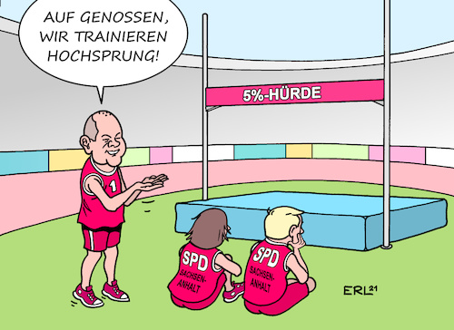 Cartoon: Scholz in Sachsen-Anhalt (medium) by Erl tagged politik,bundestagswahl,kanzlerkandidat,olaf,scholz,besuch,sachsen,anhalt,landtagswahl,genossen,umfragetief,training,hochsprung,fünf,prozent,hürde,karikatur,erl,politik,bundestagswahl,kanzlerkandidat,olaf,scholz,besuch,sachsen,anhalt,landtagswahl,genossen,umfragetief,training,hochsprung,fünf,prozent,hürde,karikatur,erl