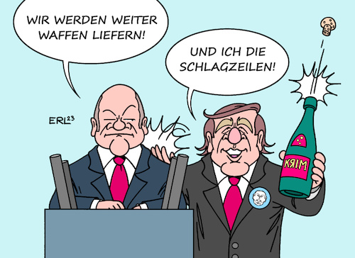 Cartoon: Scholz und Schröder (medium) by Erl tagged politik,bundeskanzler,olaf,scholz,spd,rede,bundestag,zeitenwende,bundeswehr,krieg,russland,ukraine,altkanzler,gerhard,schröder,nähe,wladimir,putin,parteiausschluss,abgewendet,krimsekt,schlagzeilen,karikatur,erl,politik,bundeskanzler,olaf,scholz,spd,rede,bundestag,zeitenwende,bundeswehr,krieg,russland,ukraine,altkanzler,gerhard,schröder,nähe,wladimir,putin,parteiausschluss,abgewendet,krimsekt,schlagzeilen,karikatur,erl