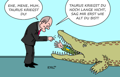 Cartoon: Scholz und Selenskyj (medium) by Erl tagged politik,krieg,angriff,überfall,wladimir,putin,russland,ukraine,präsident,wolodymyr,selenskyj,besuch,deutschland,berlin,bundeskanzler,olaf,scholz,sicherheitsgarantie,wunsch,taurus,marschflugkörper,verzögerung,abzählreim,hand,krokodil,karikatur,erl,politik,krieg,angriff,überfall,wladimir,putin,russland,ukraine,präsident,wolodymyr,selenskyj,besuch,deutschland,berlin,bundeskanzler,olaf,scholz,sicherheitsgarantie,wunsch,taurus,marschflugkörper,verzögerung,abzählreim,hand,krokodil,karikatur,erl