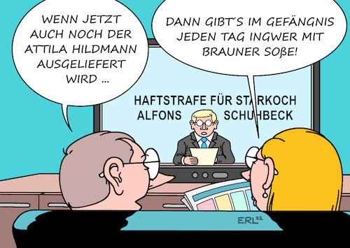 Cartoon: Schuhbeck (medium) by Erl tagged politik,starkoch,alfons,schuhbeck,gericht,urteil,verurteilung,haft,haftstrafe,steuer,betrug,steuerhinterziehung,ingwer,vegan,koch,attila,hildmann,querdenker,rechtsextremist,antisemitismus,volksverhetzung,auslieferung,türkei,gefängnis,essen,braune,soße,politik,starkoch,alfons,schuhbeck,gericht,urteil,verurteilung,haft,haftstrafe,steuer,betrug,steuerhinterziehung,ingwer,vegan,koch,attila,hildmann,querdenker,rechtsextremist,antisemitismus,volksverhetzung,auslieferung,türkei,gefängnis,essen,braune,soße