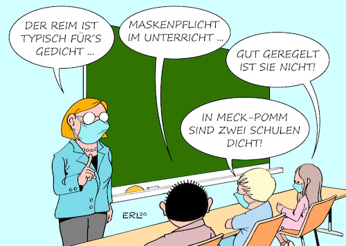 Cartoon: Schulbericht (medium) by Erl tagged politik,corona,virus,pandemie,lockdown,schule,öffnung,schuljahr,regelung,hygiene,abstand,masken,maskenpflicht,bundesländer,unterschiede,föderalismus,deutsch,gedicht,reim,unterricht,lehrerin,schüler,schülerin,karikatur,erl,politik,corona,virus,pandemie,lockdown,schule,öffnung,schuljahr,regelung,hygiene,abstand,masken,maskenpflicht,bundesländer,unterschiede,föderalismus,deutsch,gedicht,reim,unterricht,lehrerin,schüler,schülerin,karikatur,erl